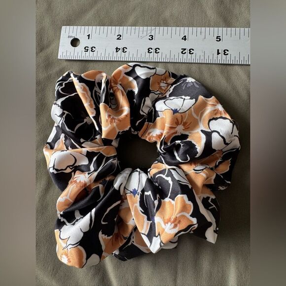 Black and Orange Hair Scrunchie with Floral Design Handmade - Picture 2 of 4